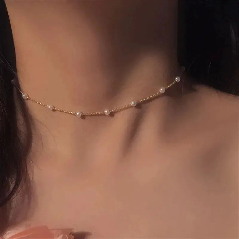 New Beads Kpop Pearl Choker Necklace, gold color with small pearls, Simples Market