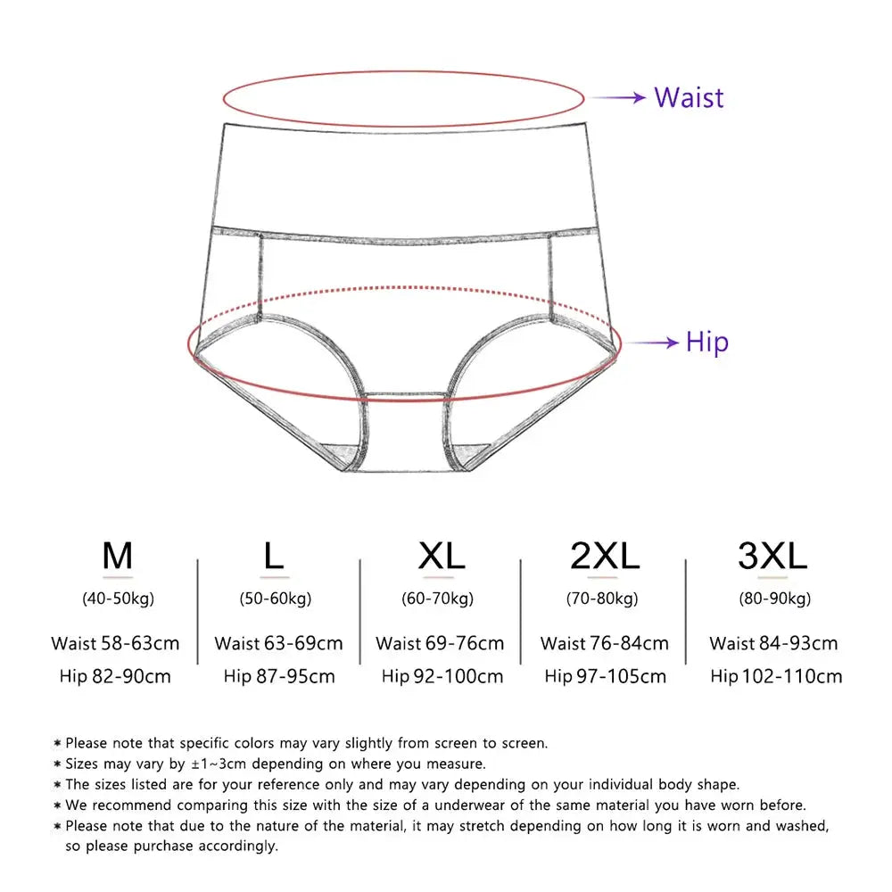 Simples Market 5-pack cotton high-waisted women's underwear with size chart (waist/hip) M–3XL
