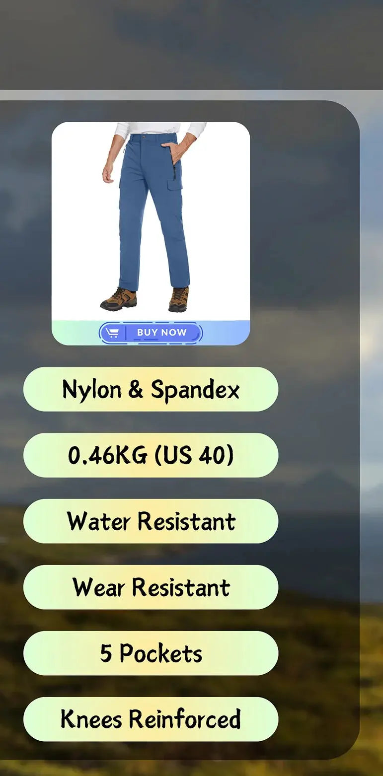 Men's blue cargo pants by Simples Market; nylon & spandex, water resistant, wear resistant, knees reinforced, 5 pockets