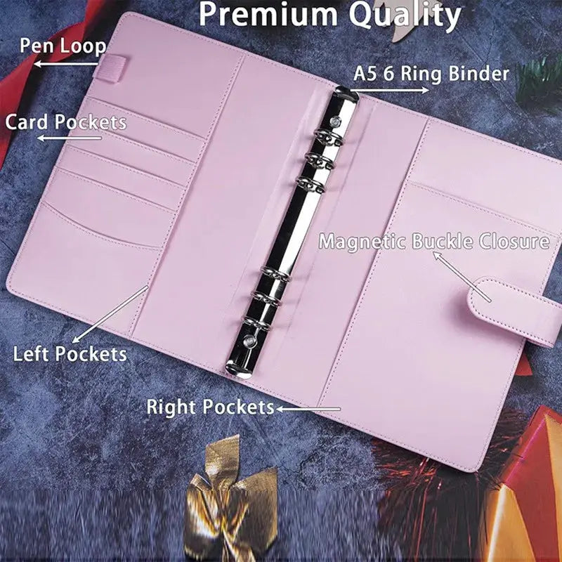 A5 PU leather photocard binder in pink with 6-ring binder, card pockets, left and right pockets, magnetic buckle.