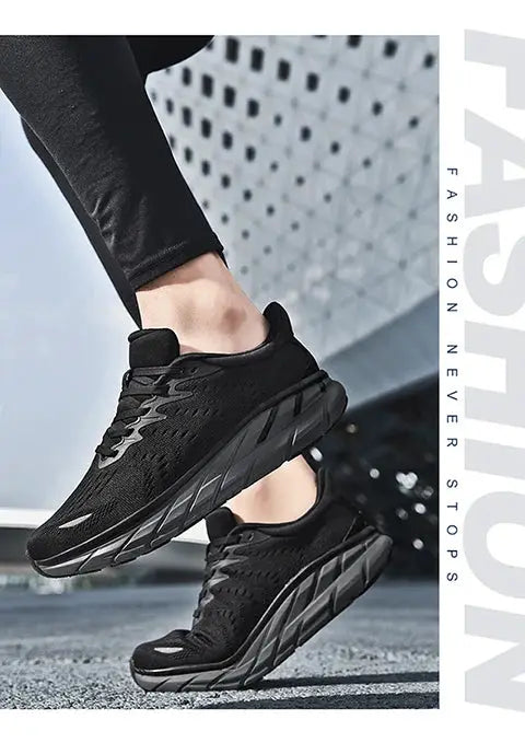 Pair of men's running shoes with cushioned sole, black mesh upper, sizes 39–46