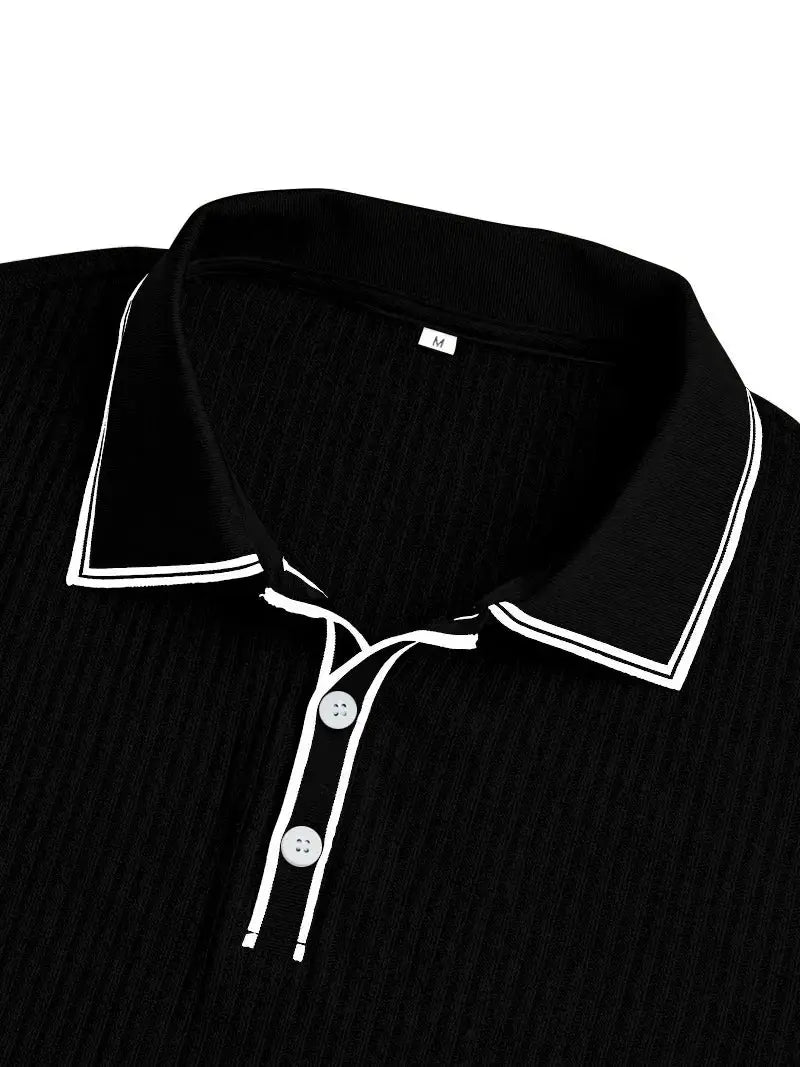 Men's black polo shirt with white piping on collar and placket, size M