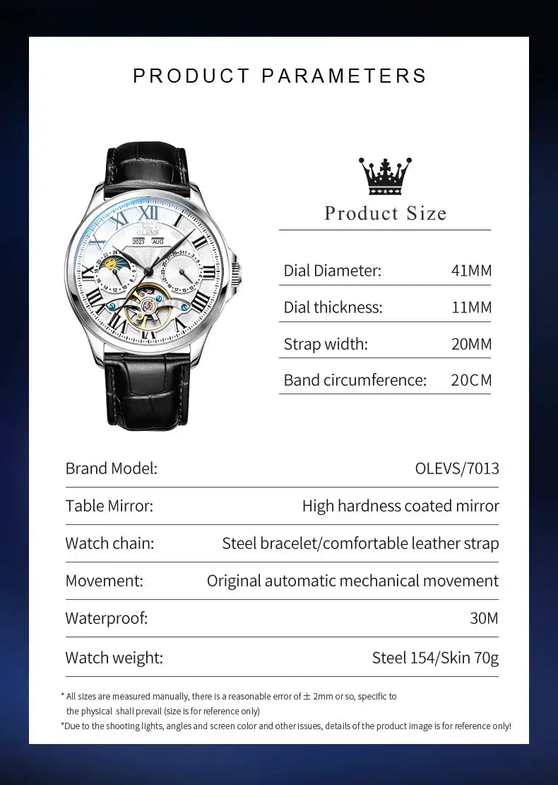 OLEVS 7013 men's watch with moon phase and black leather strap
