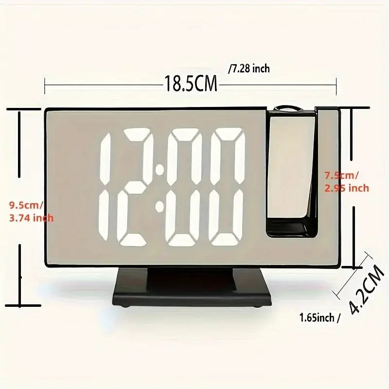 Projection alarm clock with large gray digital display and 180° ceiling/back projection, black base.