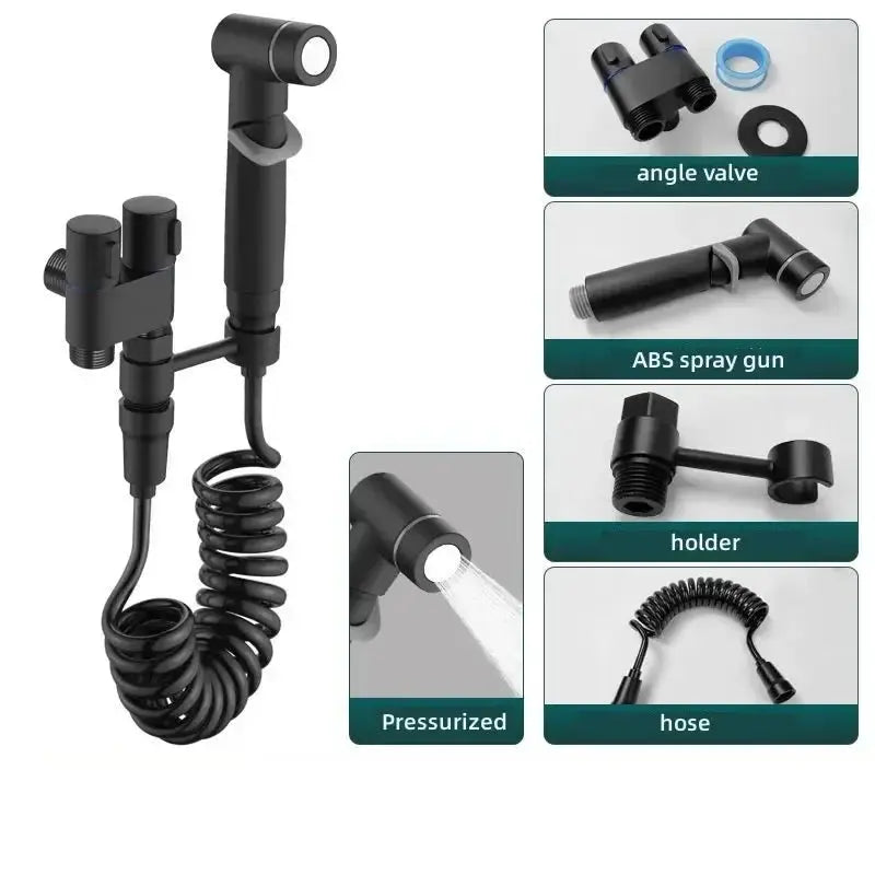 Simples Market black toilet bidet sprayer set with ABS spray gun, dual-outlet angle valve, holder and coiled hose.