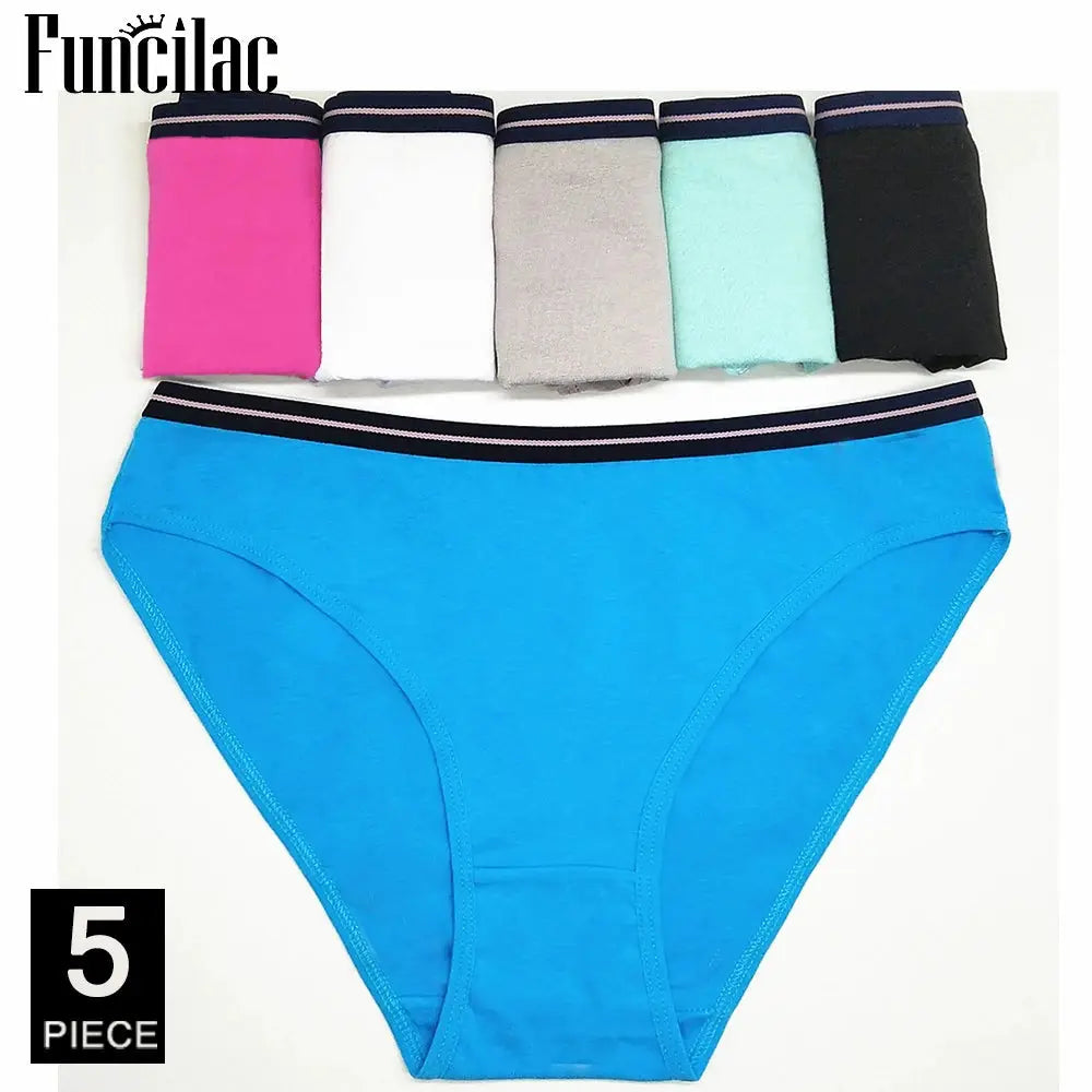 Women's cotton panties five-piece set; blue main pair with black waistband, assorted colors, Funclac.