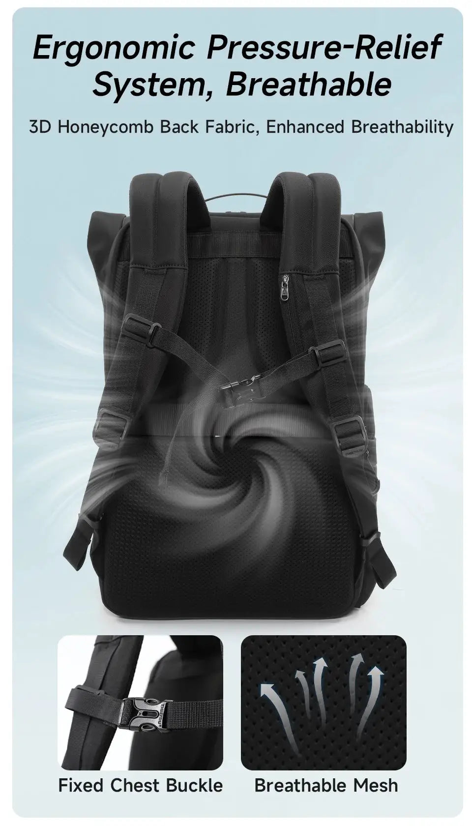 Tigernu Travel Backpack, black TPU waterproof with breathable mesh back and fixed chest buckle