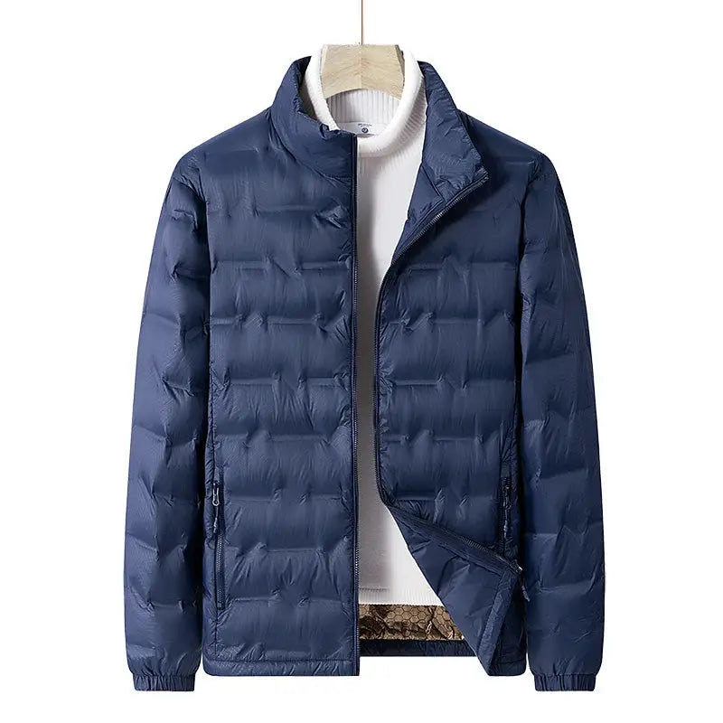 Men's Simples Market navy down jacket, quilted puffer with zip front, lightweight coat