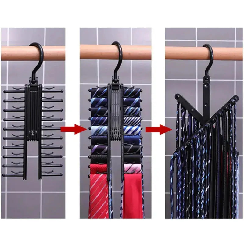 Black adjustable tie storage rack, 360-degree rotating organizer for ties, belts and scarves