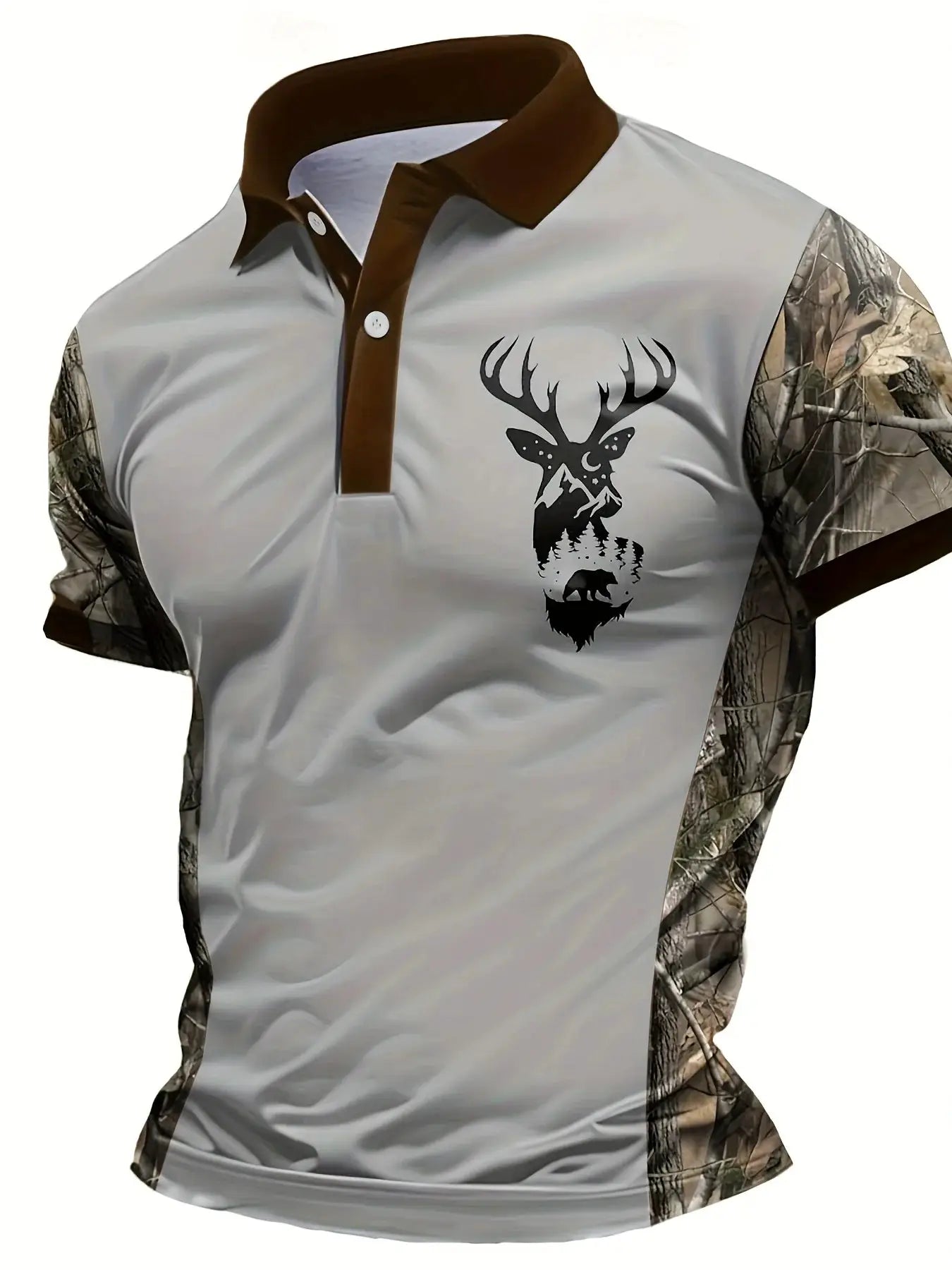 Men's polo shirt by Simples Market with brown collar, gray body, camo sleeves and deer logo.