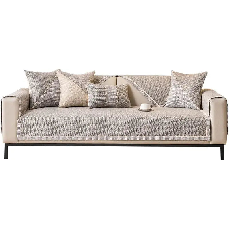 Linen non-slip sofa cover set with woven beige fabric and matching cushions, Simples Market