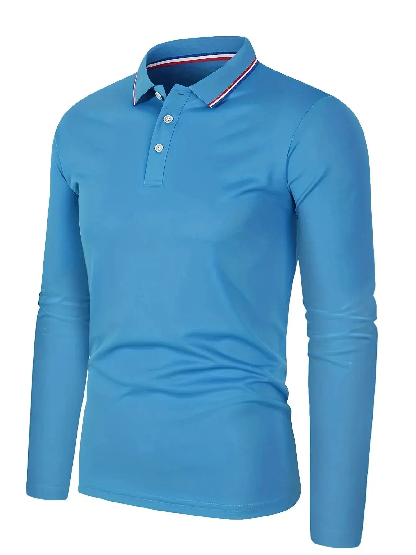 Men's blue long-sleeve polo shirt with striped collar trim; breathable casual style