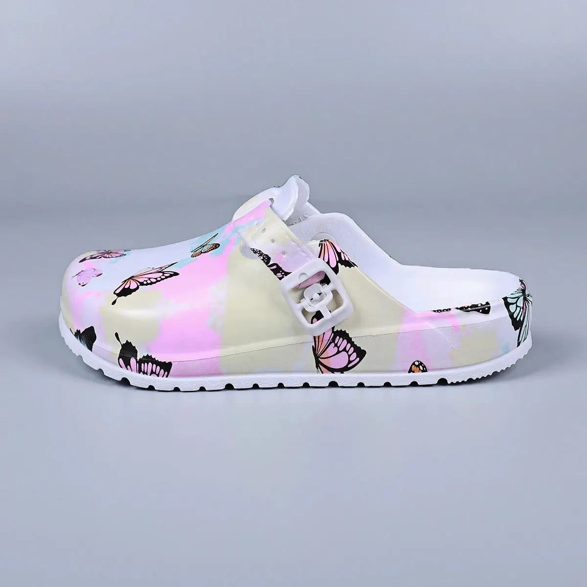 Women’s butterfly-print EVA indoor slippers mule clog with buckle, pastel pink/cream, anti-slip sole