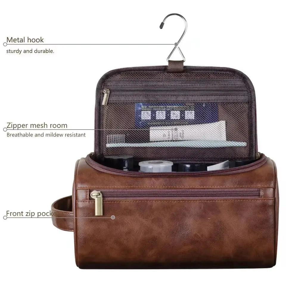 BrandX Leather Toiletry Bag Dopp Kit For Men And Women Hanging Travel Organizer Water Resistant PU Leather