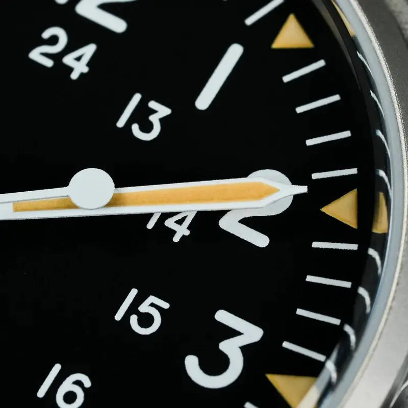 Militado ML07 quartz military watch with sapphire crystal; black dial, white numerals, orange luminous hands