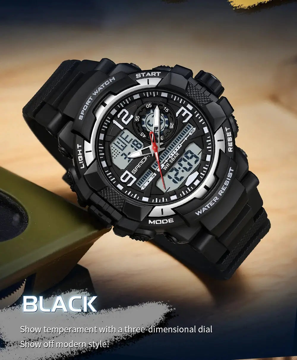 SANDA 6130 dual-display sport watch, black with rubber strap, water-resistant military-style quartz