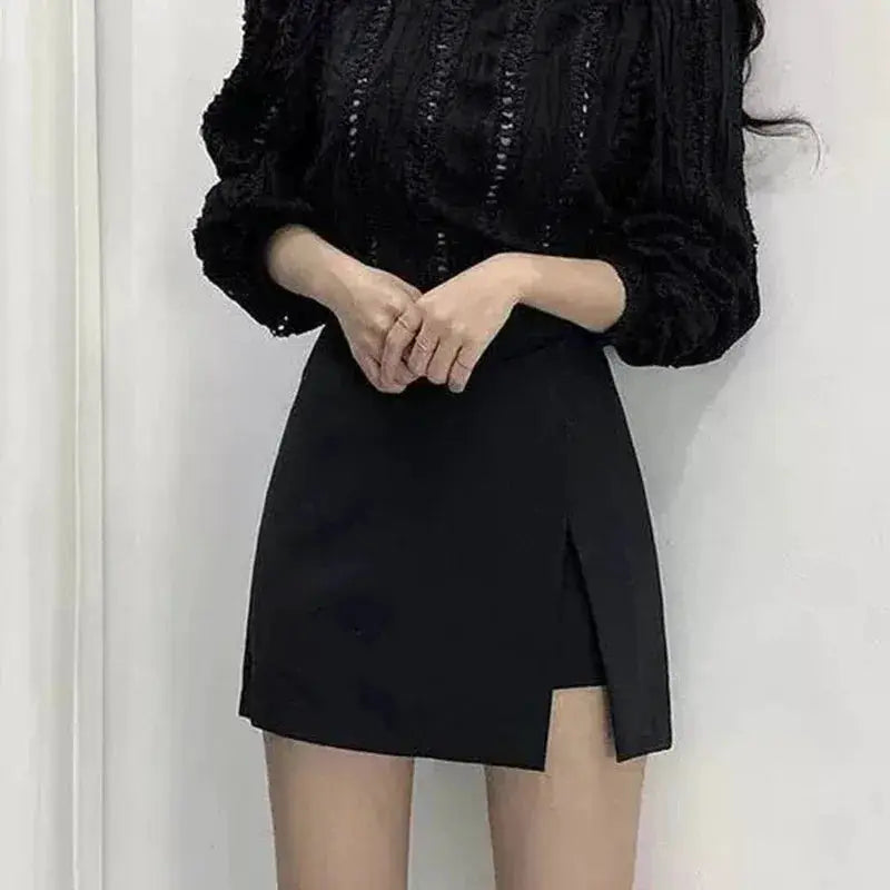 Black women's mini skirt with high waist, A-line wrap design and side slit