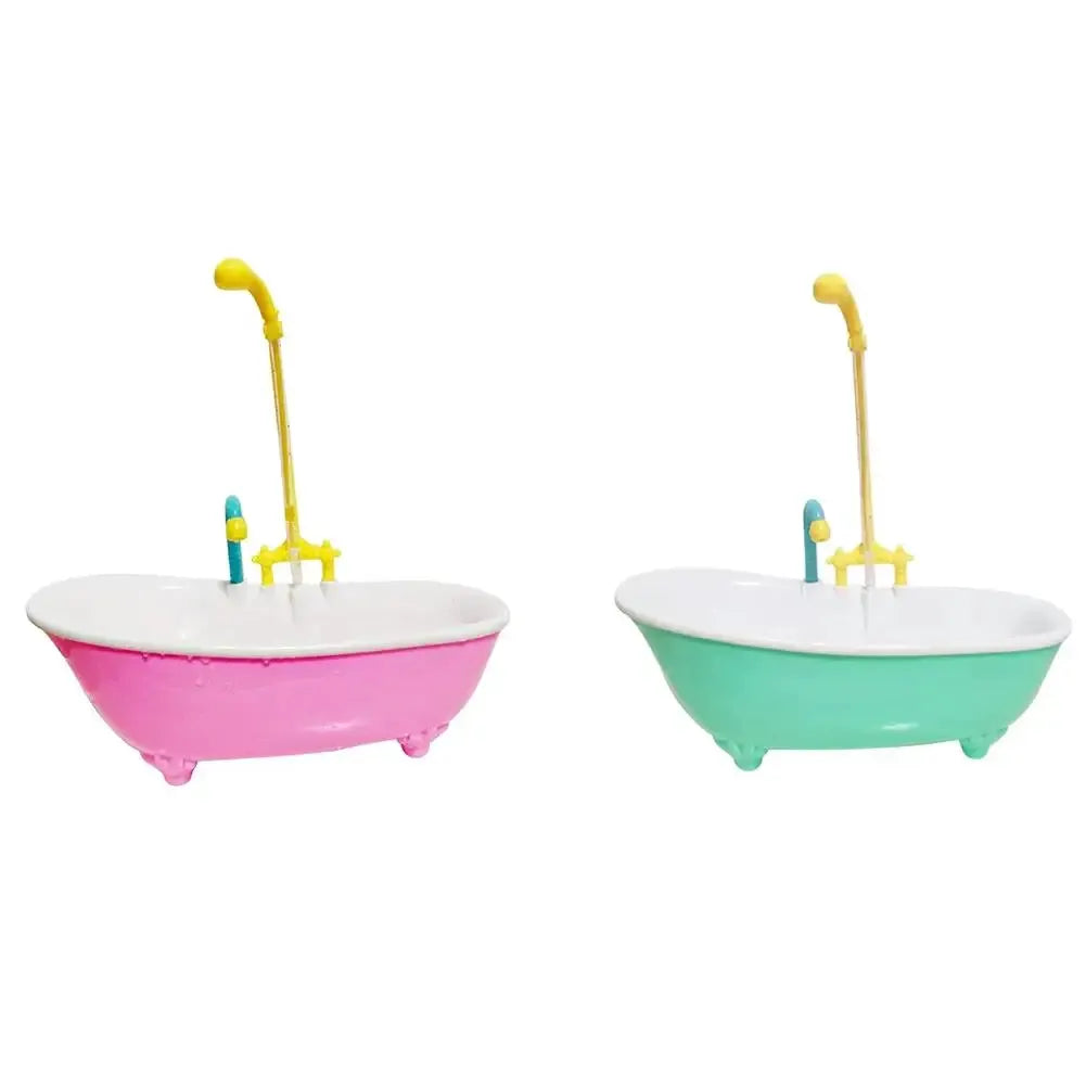 Parrot automatic bird shower bath tubs, two plastic baths in pink and teal with yellow shower fixtures.