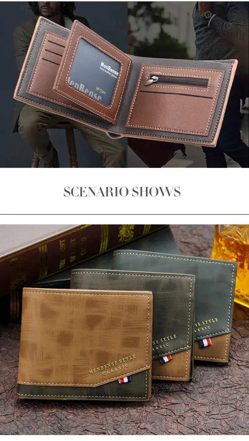 Men's leather wallets set of 3 by Simples Market with ID window, card slots and zip coin pocket; multi-color