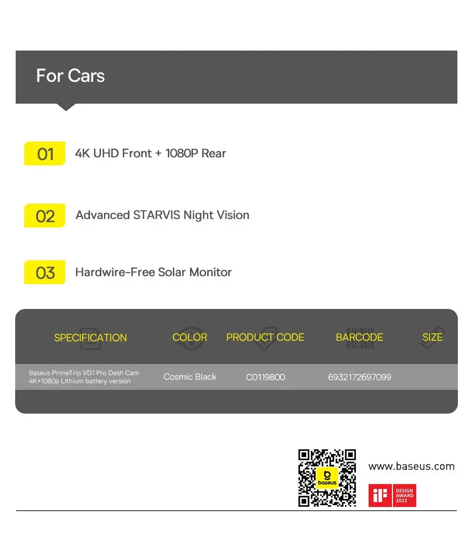Baseus VD1 Pro 4K+1080P dash cam, Cosmic Black; front 4K + rear 1080P with STARVIS night vision