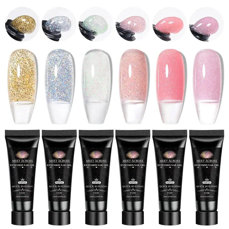 MEET ACROSS extension nail gel set with glitter polygel builder gels, color swatches, and black gel tubes