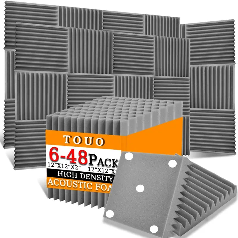 TOUO high-density acoustic foam panels, 12x12x2 inches, 6-48 pack for studio soundproofing and home recording.