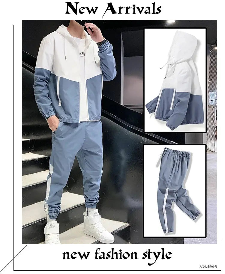 Simples Market men's 2-piece tracksuit set with hooded color-block jacket white/blue and matching jogger pants.
