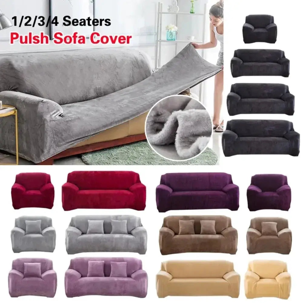 Stretch Velvet Sofa Cover for 1/2/3/4 seaters with non-slip elastic bottom; soft plush fabric in multiple colors