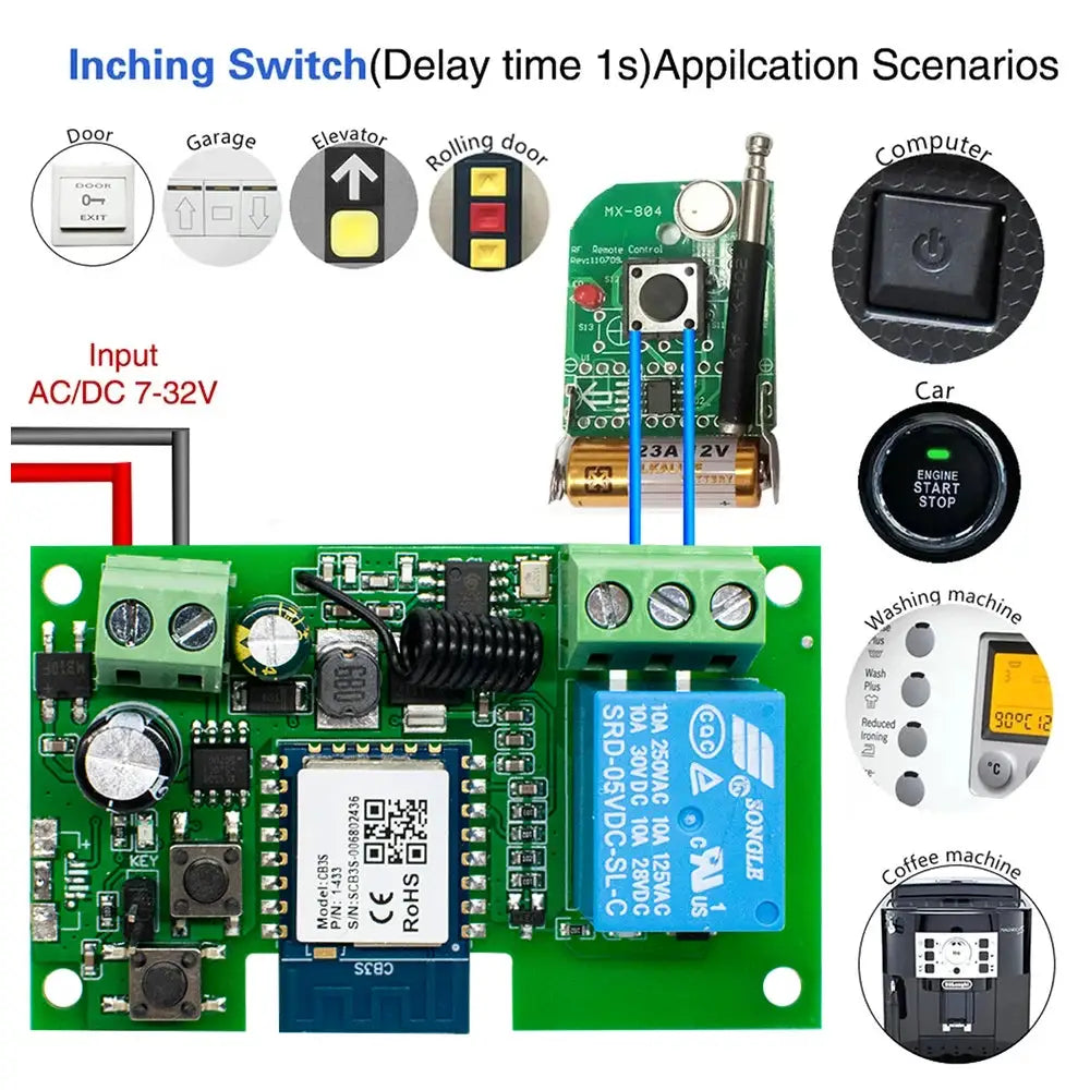 Simples Market WIFI smart garage gate relay module on green PCB with blue 1/2CH relay and RF433 remote
