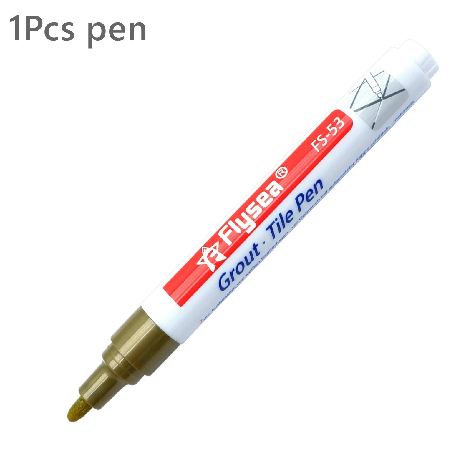 FlySea FS-53 grout pen with white body and gold tip; waterproof tile seam marker for walls and floors.