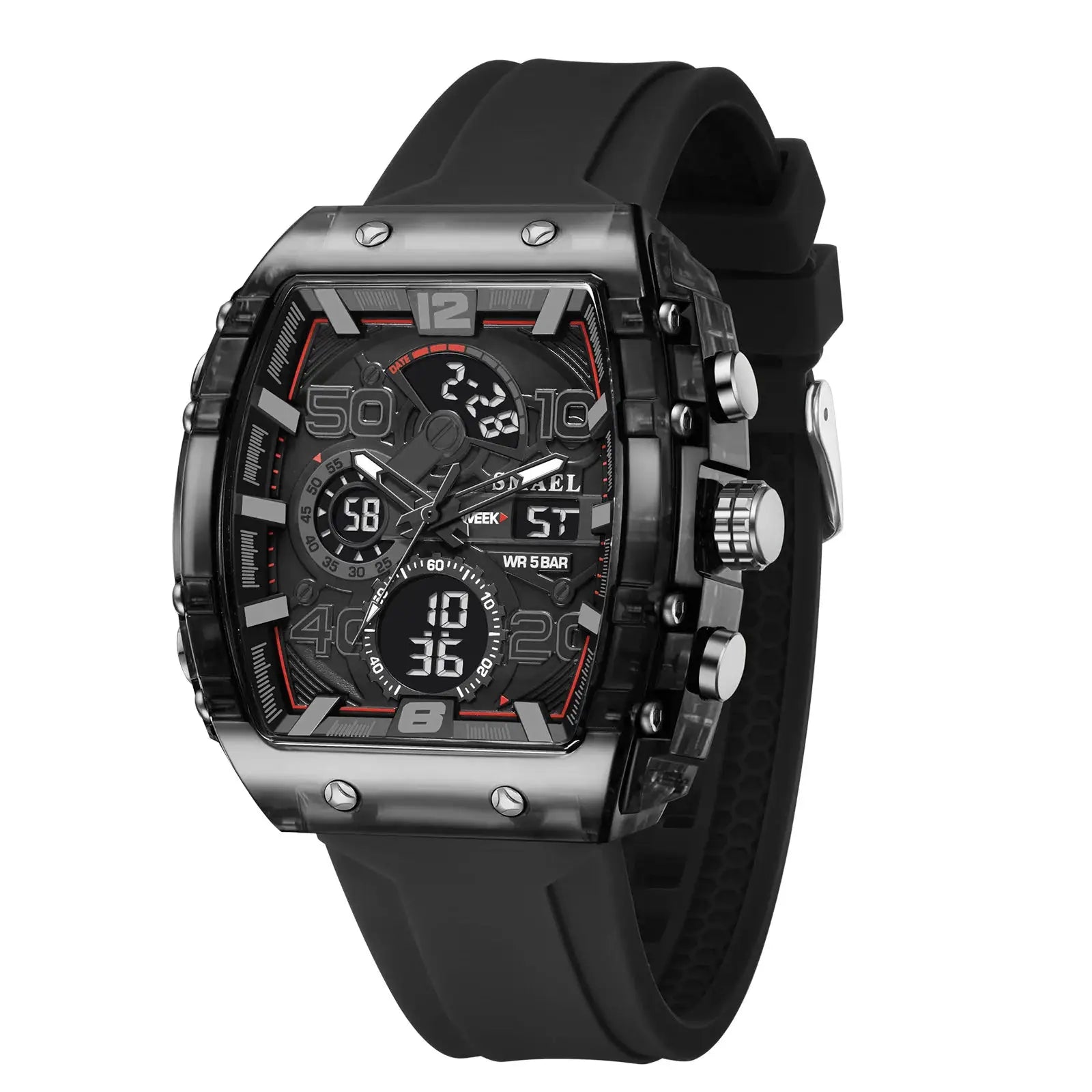 SMAEL 8109 men's square dual-display sport watch with black silicone strap and red-accented chronograph dial