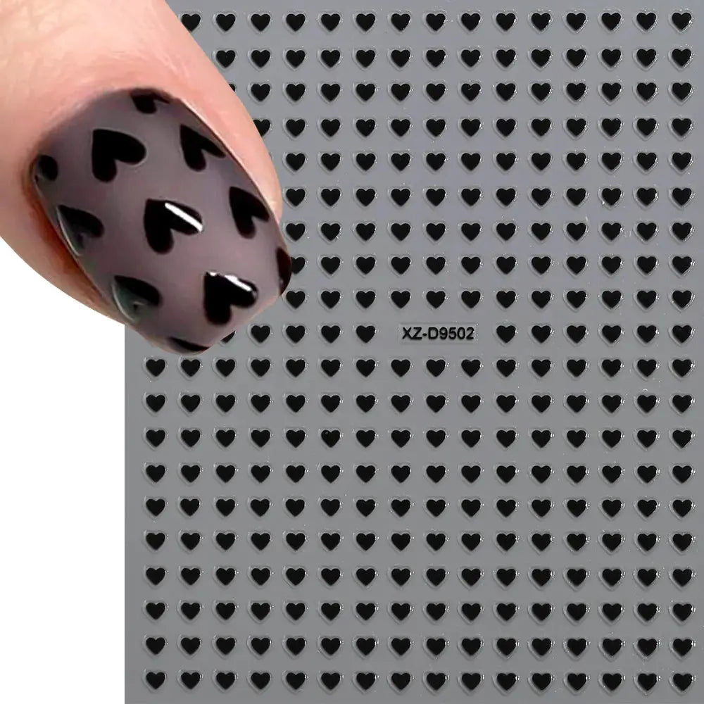 8pc 3D Heart Nail Stickers by Simples Market; black heart decals on gray sheet for self-adhesive manicure