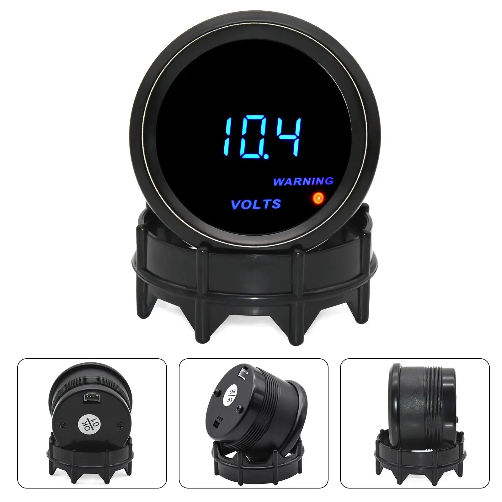 Universal 2-inch (52mm) digital gauge with blue LED display for 12V vehicles; voltmeter with warning indicator