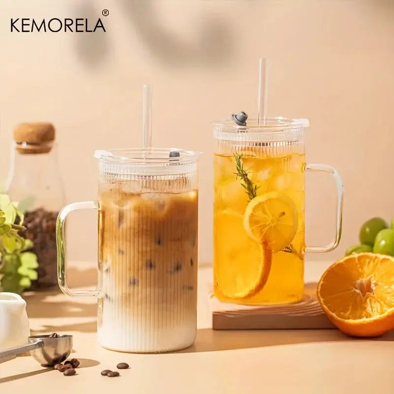 Kemorela 740ml Large Ribbed Glass Tumbler With Handle And Lid Reusable Straw For Iced Coffee