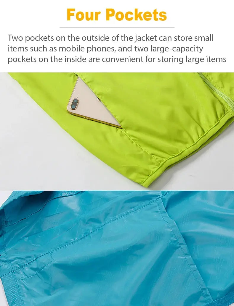 JNLN Unisex hiking jacket waterproof windbreaker in lime green/blue with multiple pockets.