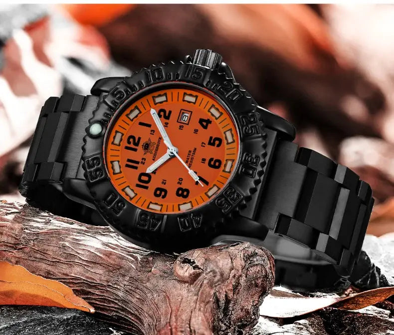 Addies men’s outdoor watch with orange dial and black steel bracelet by Simples Market.