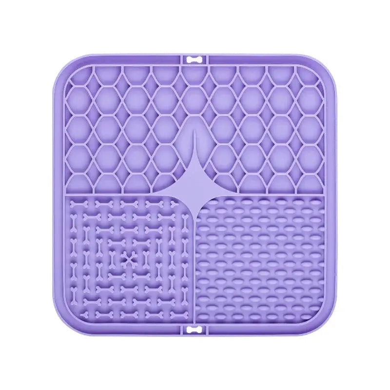 Silicone lick mat for dogs, purple square with honeycomb, bone-pattern, and studded texture zones for slow feeding