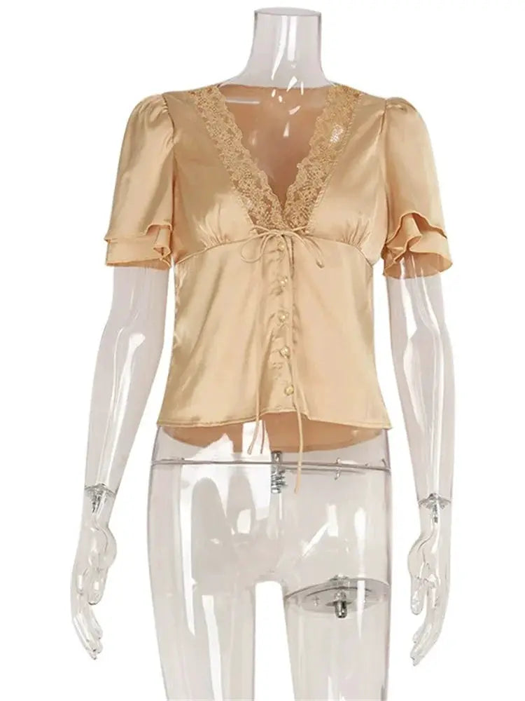 Lace Up Hollow Out Cropped V Neck T Shirt For Women Lightweight Polyester Summer Top