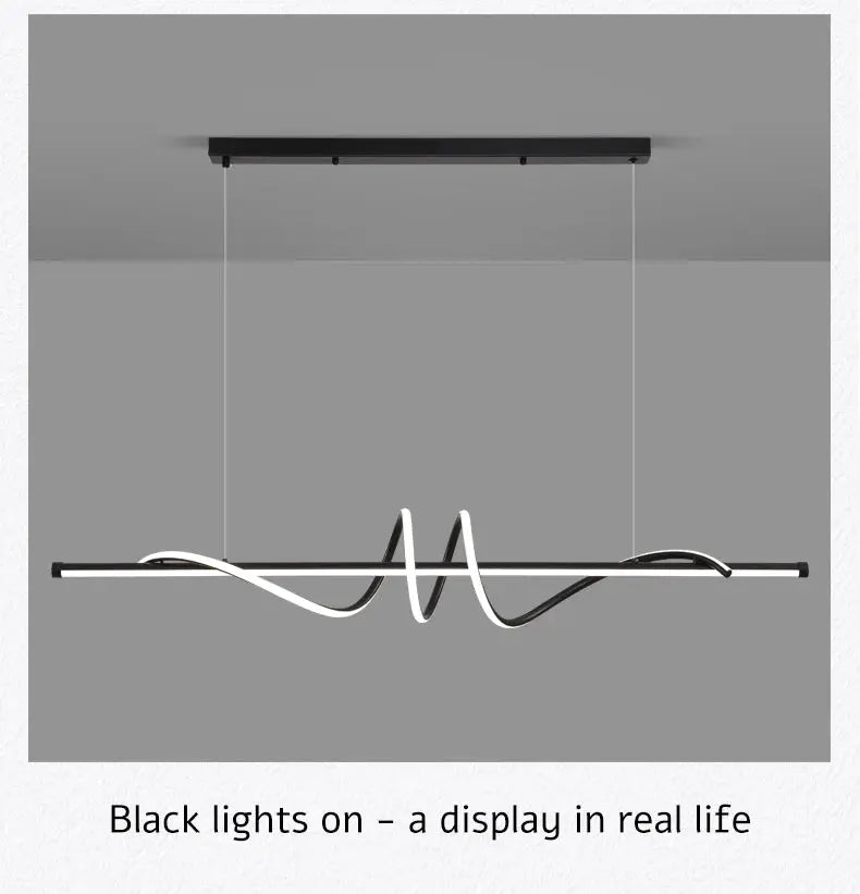 Modern LED pendant light with black metal bar and white illuminated spiral ribbon