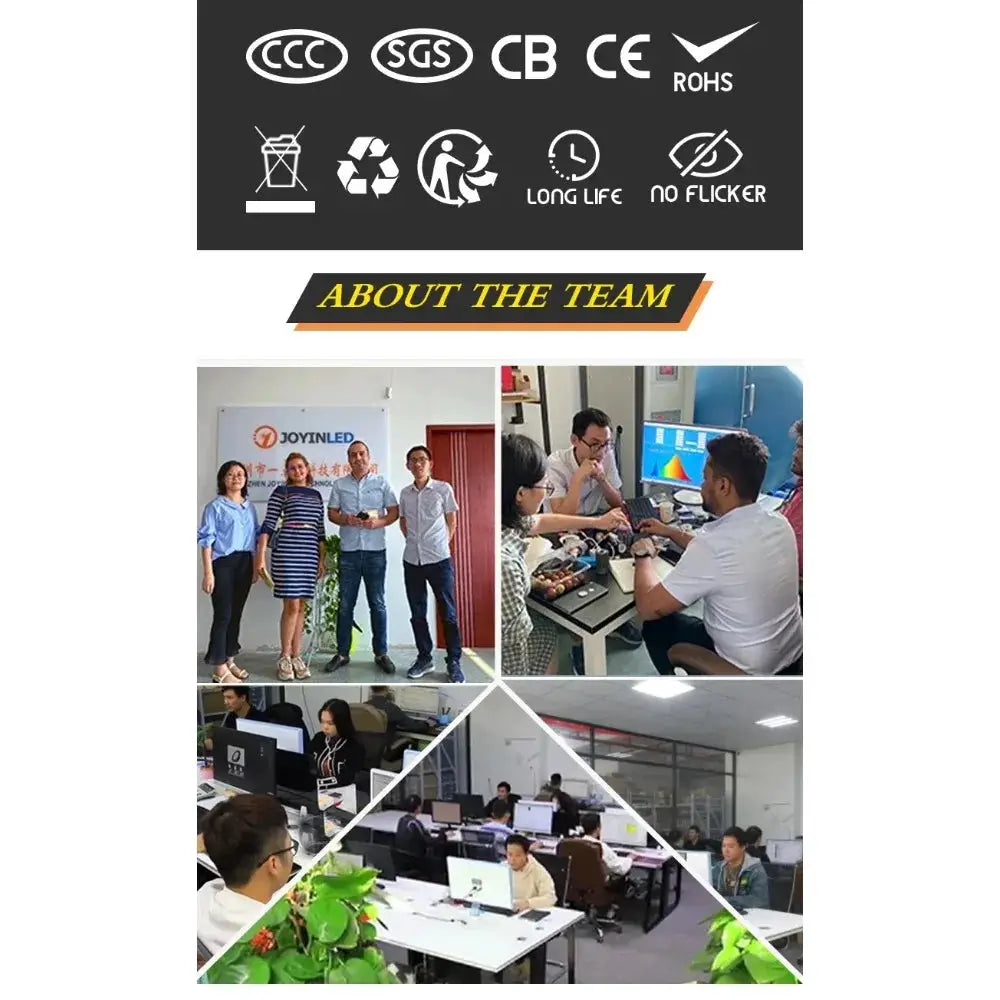 Simples Market team collage with JoyinLED logo, certification icons, About the Team banner, and staff photos.