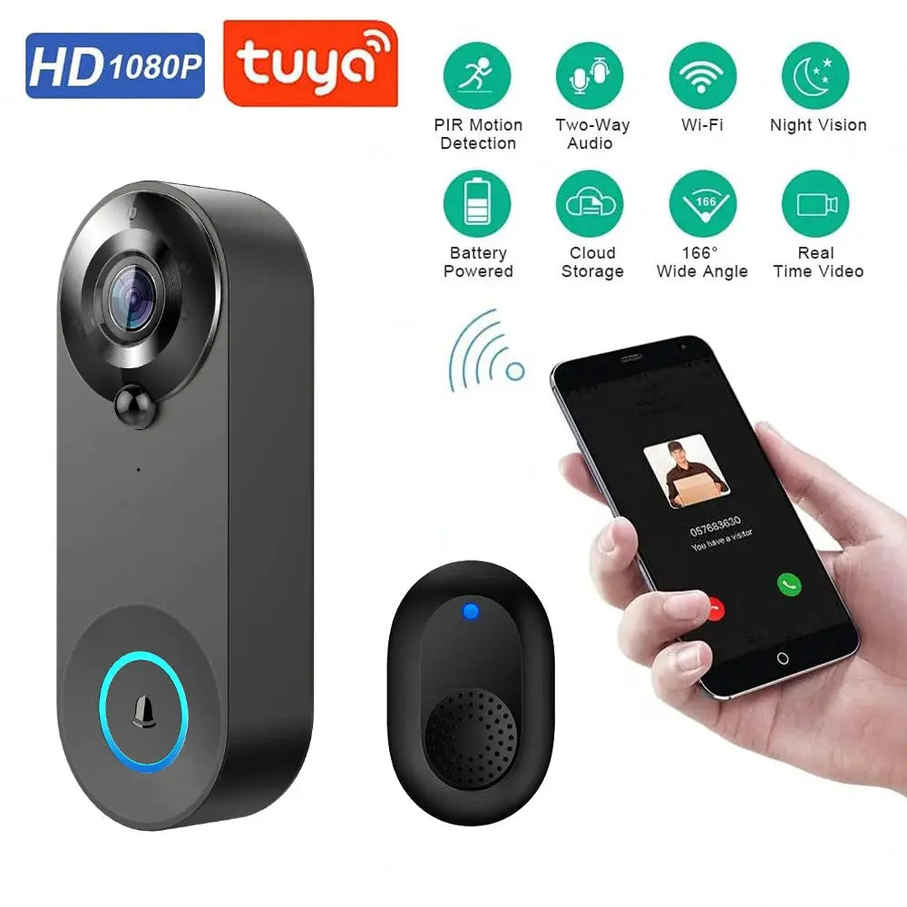 Simples Market 2-piece wireless 1080P video doorbell kit with camera and chime, black, Wi-Fi night vision.