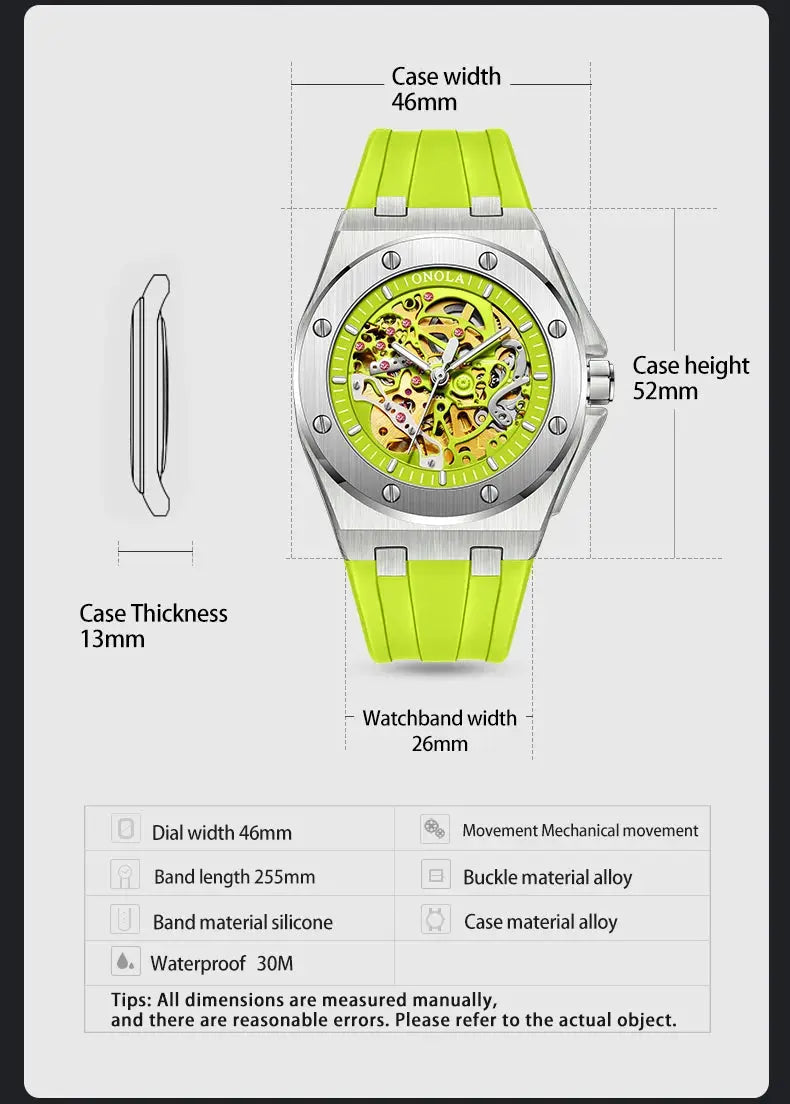 ONOLA skeleton wristwatch with lime-green silicone strap, stainless steel case, automatic movement
