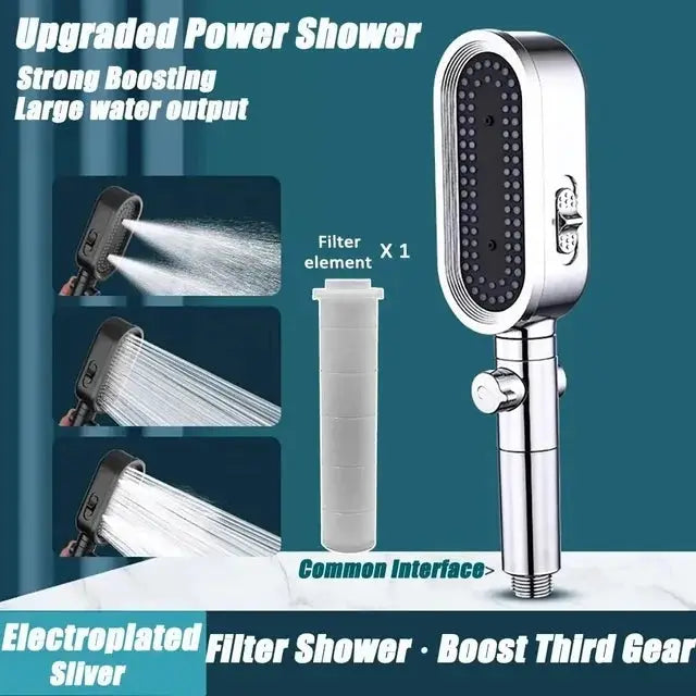 Simples Market high-pressure shower head with 3 spray modes and filter cartridge, silver finish