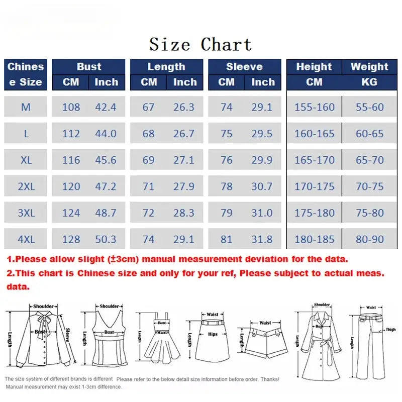 Winter Men White Duck Down Jacket size chart with Chinese measurements and diagrams by Simples Market