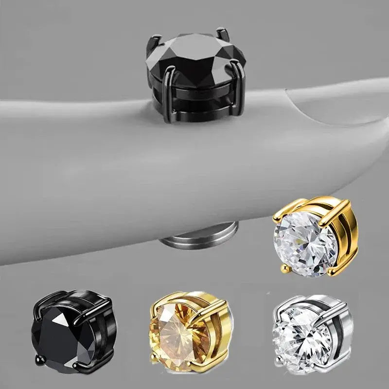 Crystal Magnetic Ear Stud Clip Earrings For Men And Women Unisex Non Piercing Punk Round Zircon Stainless Steel