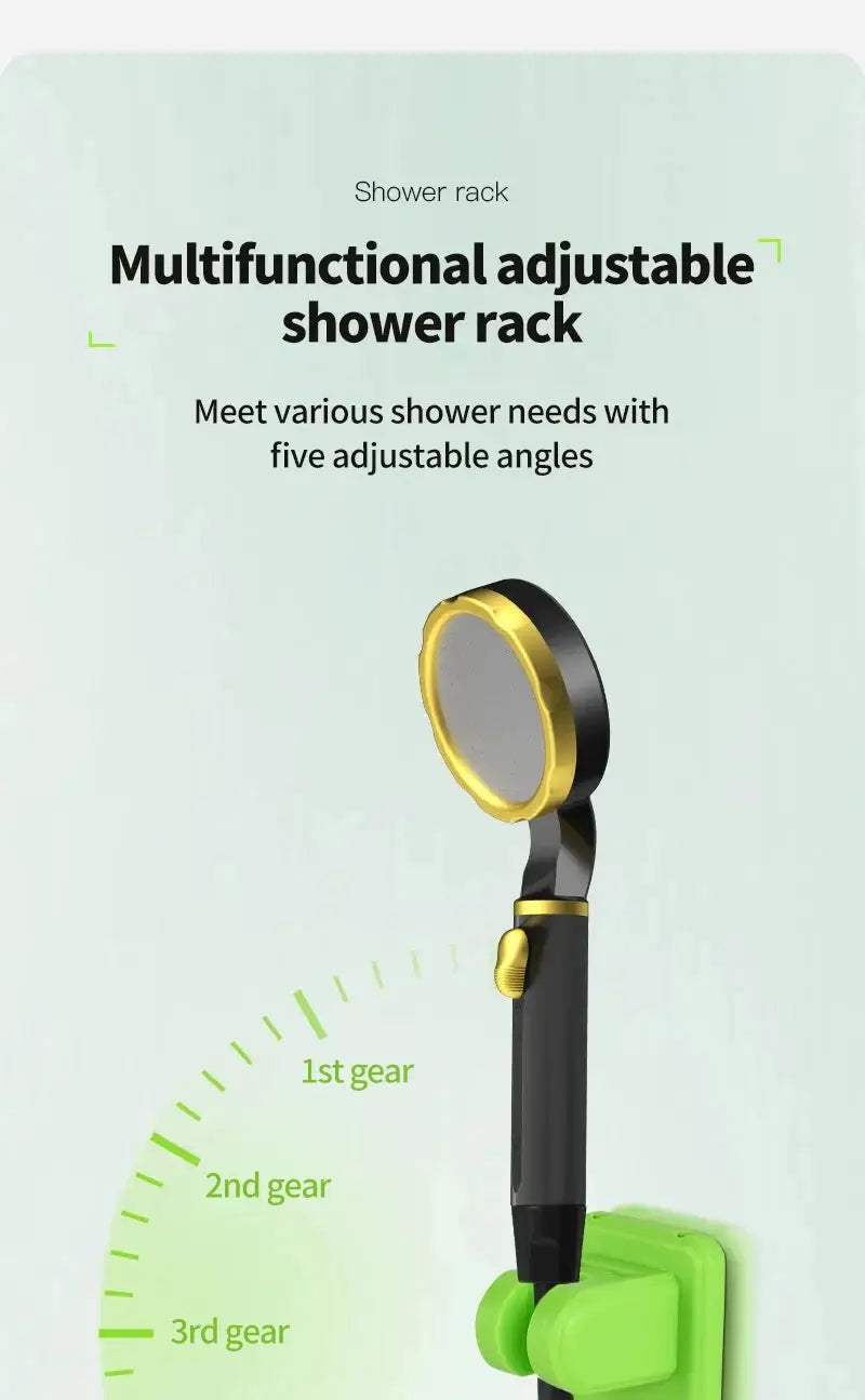 Camping shower head with adjustable rack, black handle with gold ring and green dial, five-angle adjustment