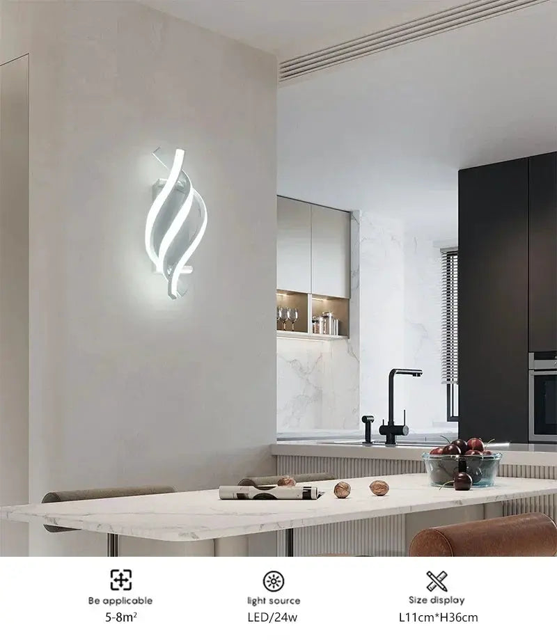 Simples Market curved spiral LED wall lamp with white glow, modern decor light for bedroom, hallway and living room
