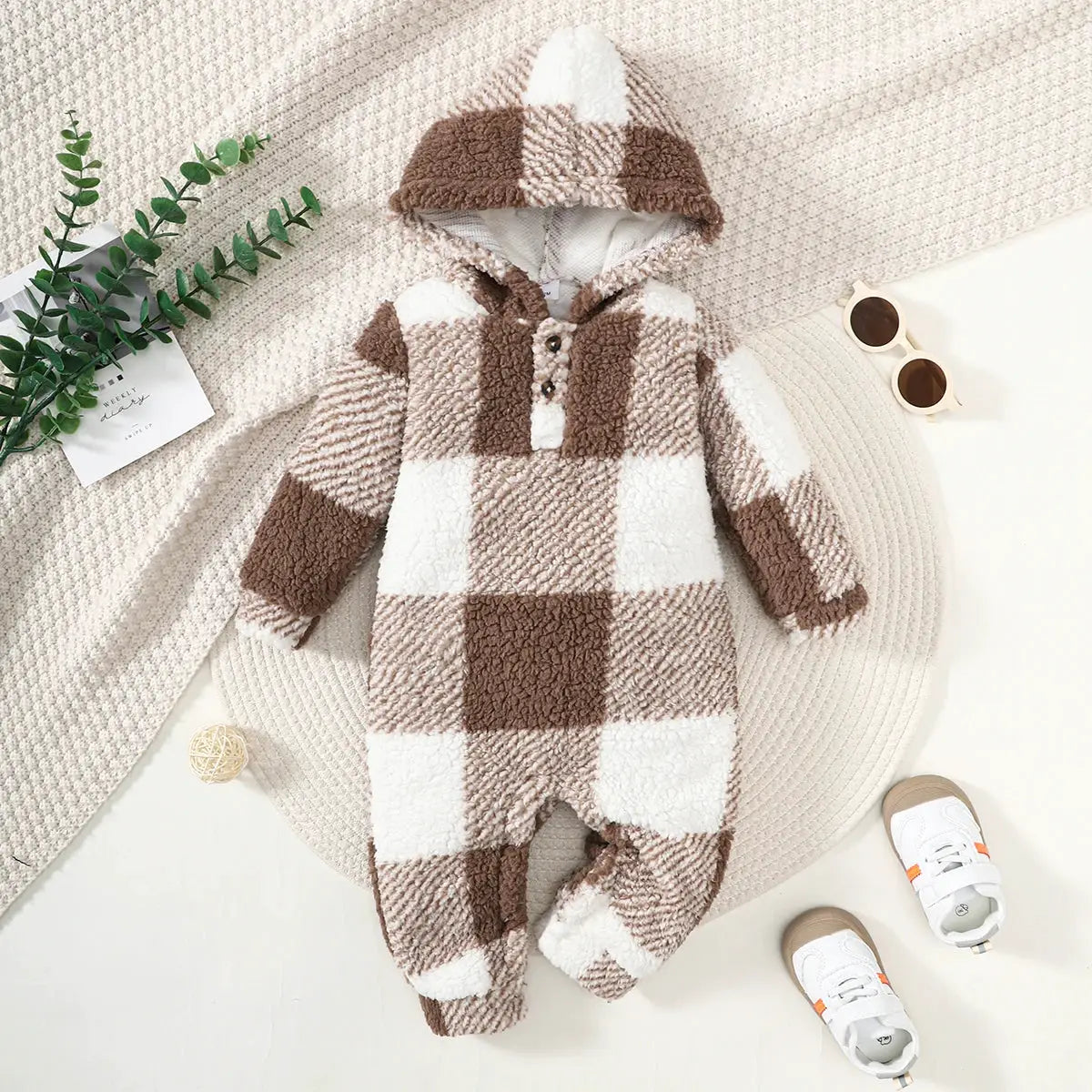 Unisex Plaid Plush Romper With Hooded Long Sleeves Jumpsuit For Winter Warmth 3 To 24 Months