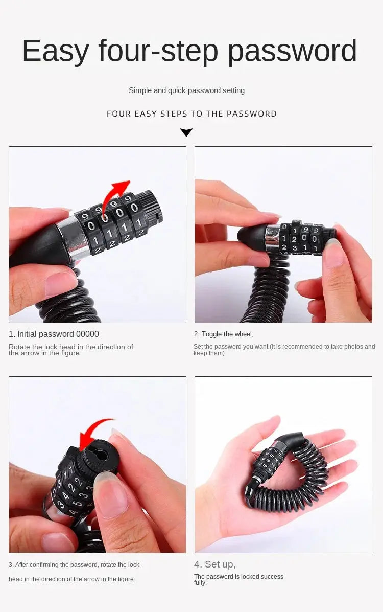 Simples Market bicycle lock with steel wire chain and four-digit combination, black coiled cable