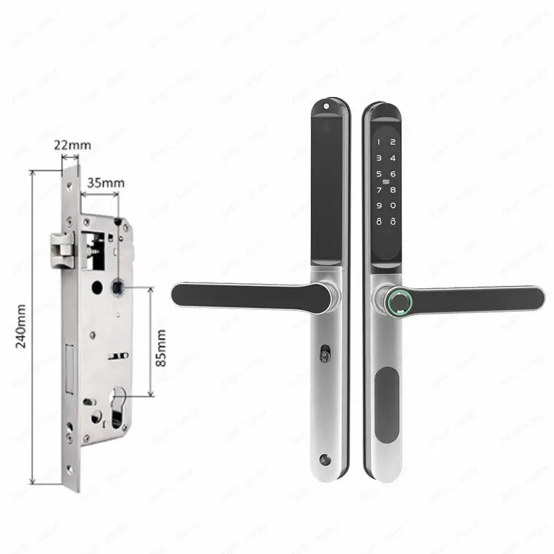 Simples Market Slim 2.8CM waterproof sliding door smart lock with fingerprint and keypad; silver finish; 2 handles.